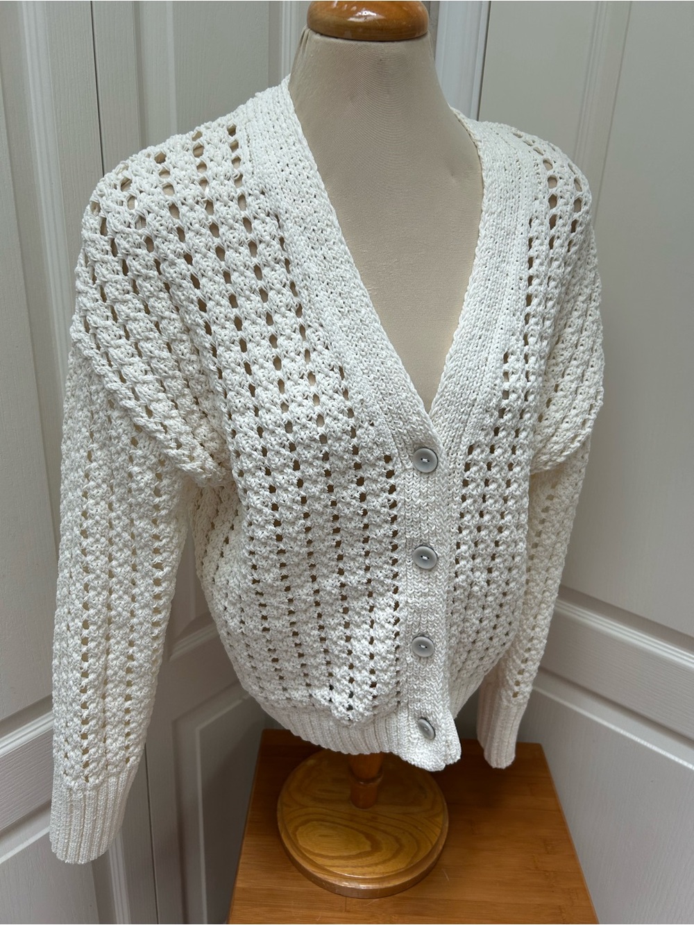 Open-Knit V-Neck Button Cardigan Sweater -Cream NWOT
